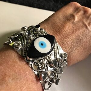 Evil Eye Stamped 925 Sterling Silver Cuff Bracelet